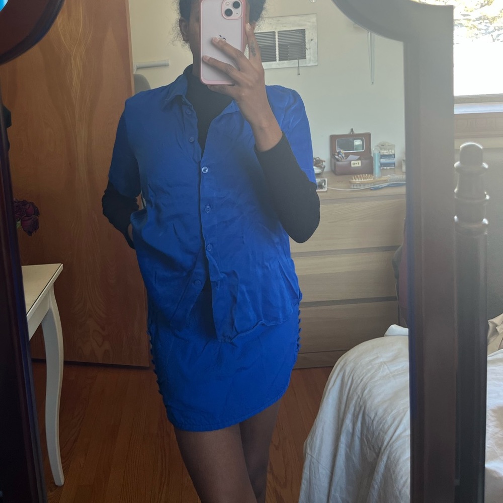 Zara Blue Satin Skirt Set Button up Shirt